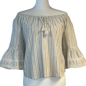 Lovestitch Boho Off-Shoulder Ruffle Half Sleeves Top Women M Ivory Tan Stripe